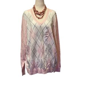 Tommy Hilfiger Womens XXL Pink Argyle V-Neck 100% Pima Cotton Sweater